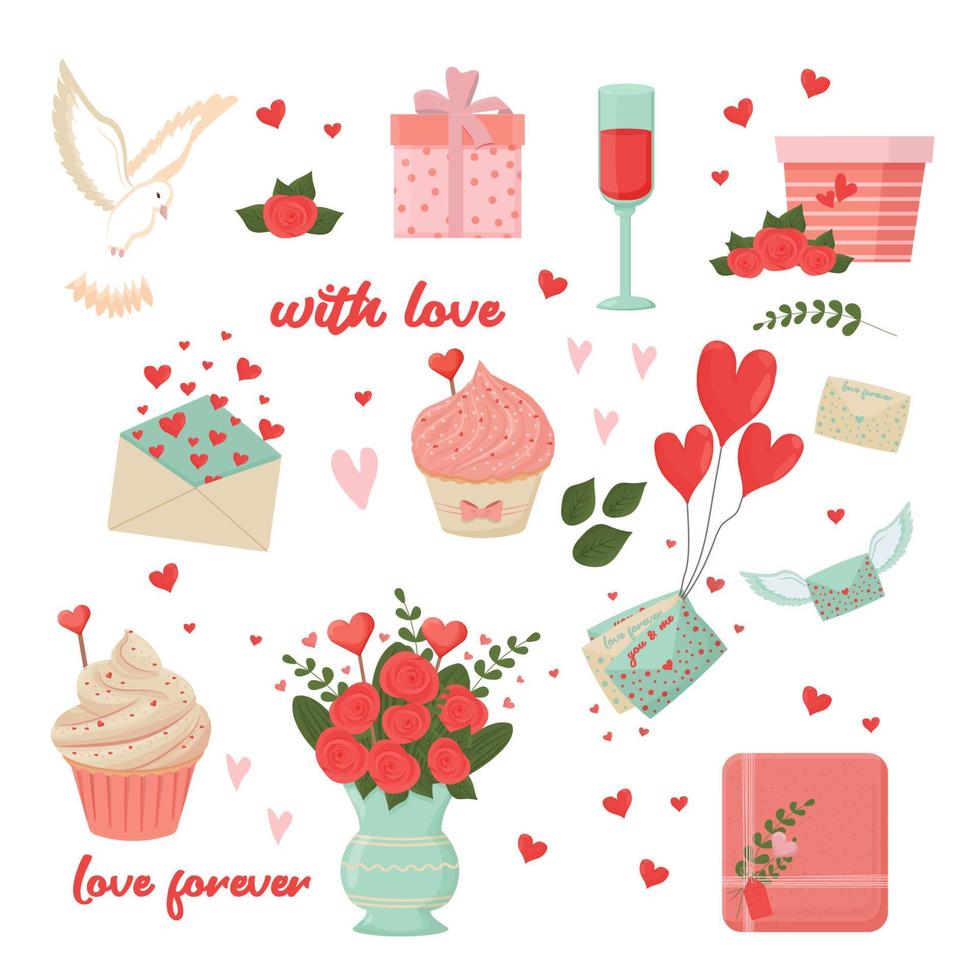 saint valentin, rendez-vous romantique ou amour dans un style plat. lettres avec coeurs, cadeaux mignons, colombe, cupcake sucré isolé sur fond blanc. collection d'éléments de conception pour cartes de voeux, décorations vecteur