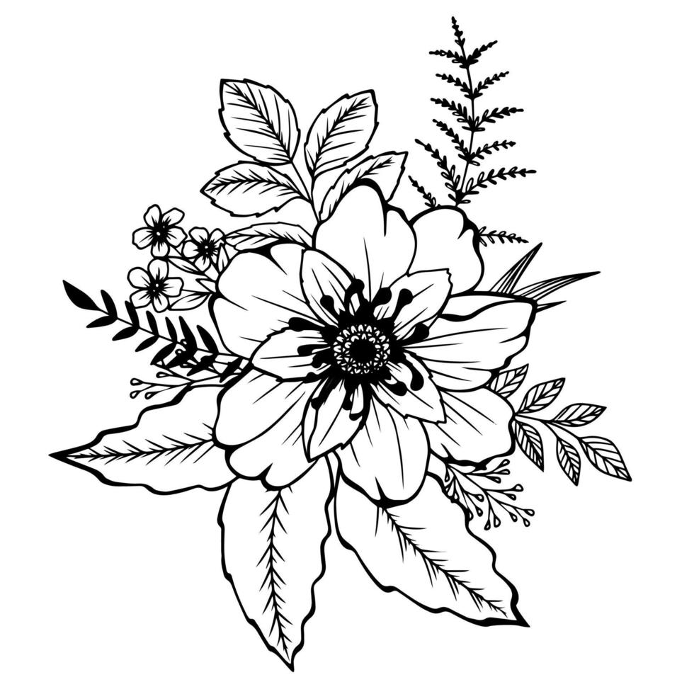bouquet de fleurs et de feuilles dessinées à la main isolé sur blanc. dessin au trait vectoriel monochrome élégant floral, t-shirt, conception de tatouage, coloriage, décoration de mariage.