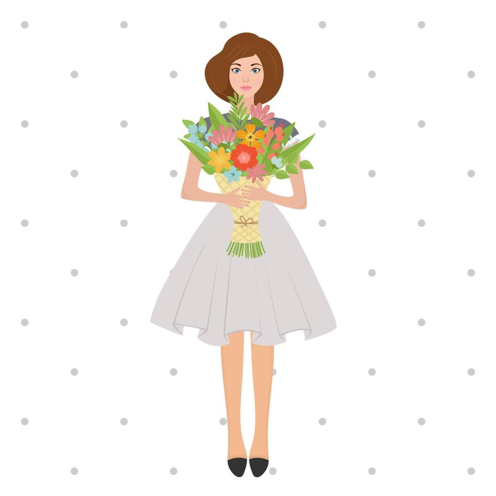 fille avec bouquet de fleurs vecteur