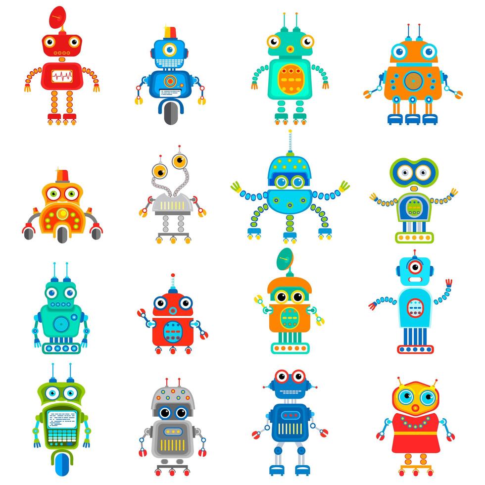 mignons robots rétro dans un style plat vecteur