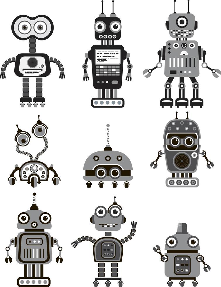ensemble de robots vintage mignons. Icônes. vecteur