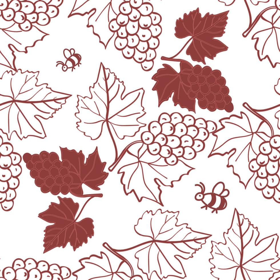 grappes de raisin avec des feuilles et des abeilles volantes. arrière-plan dessiné à la main. motif de doodle vectorielle continue. éléments marron sur fond blanc. vecteur
