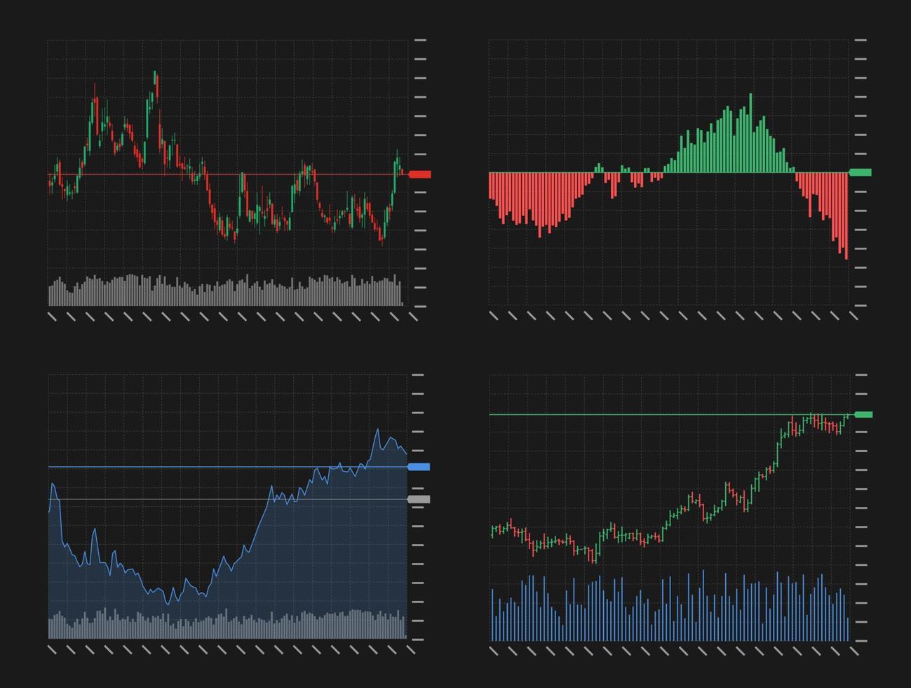 analyse technique de négociation d'investissement boursier jeu de chandeliers, de barres, de lignes et de graphiques en aires. tendance d'échange de graphique de bâton de bougie d'affaires. concept d'indice d'investissement financier trader sur fond noir vecteur