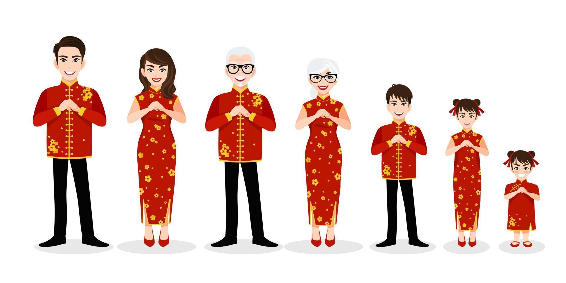 personnage de dessin animé de grande famille chinoise salutation au festival du nouvel an chinois sur le vecteur de fond blanc