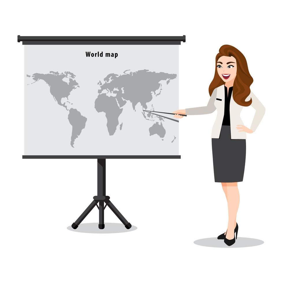 personnage de dessin animé avec une présentation de femme sur la carte. enseignant ou lecteur montrant la carte avec un pointeur. vecteur d'illustration plat