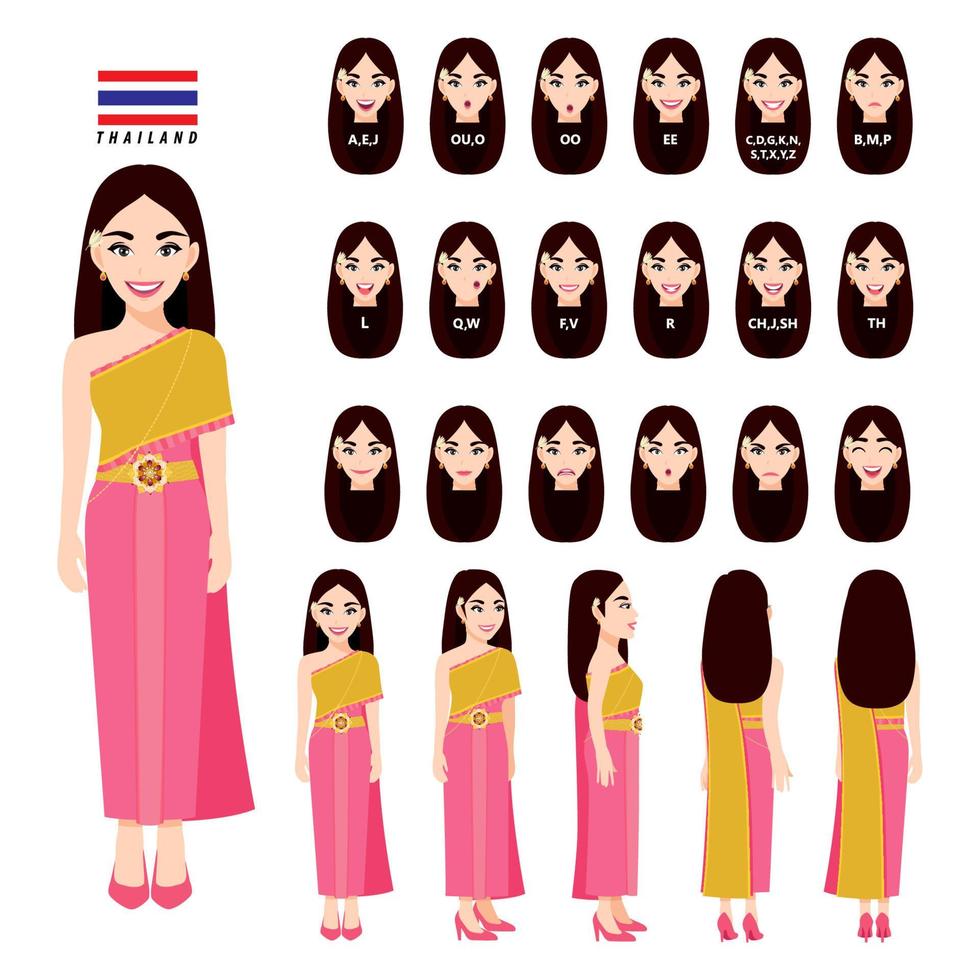 femme thaïlandaise en costume traditionnel pour l'animation. avant, côté, arrière, 3-4 caractères de vue, synchronisation labiale et poses. vecteur plat de personnage de dessin animé