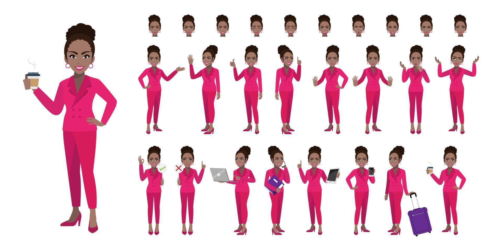 jeu de caractères de dessin animé de femme d'affaires. femme d'affaires afro-américaine en costume de couleur rose. illustration vectorielle plane. vecteur