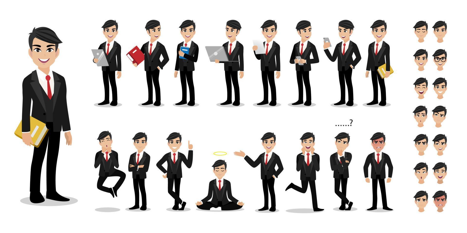 jeu de caractères de dessin animé d'homme d'affaires. bel homme d'affaires en costume intelligent de style bureau. illustration vectorielle vecteur