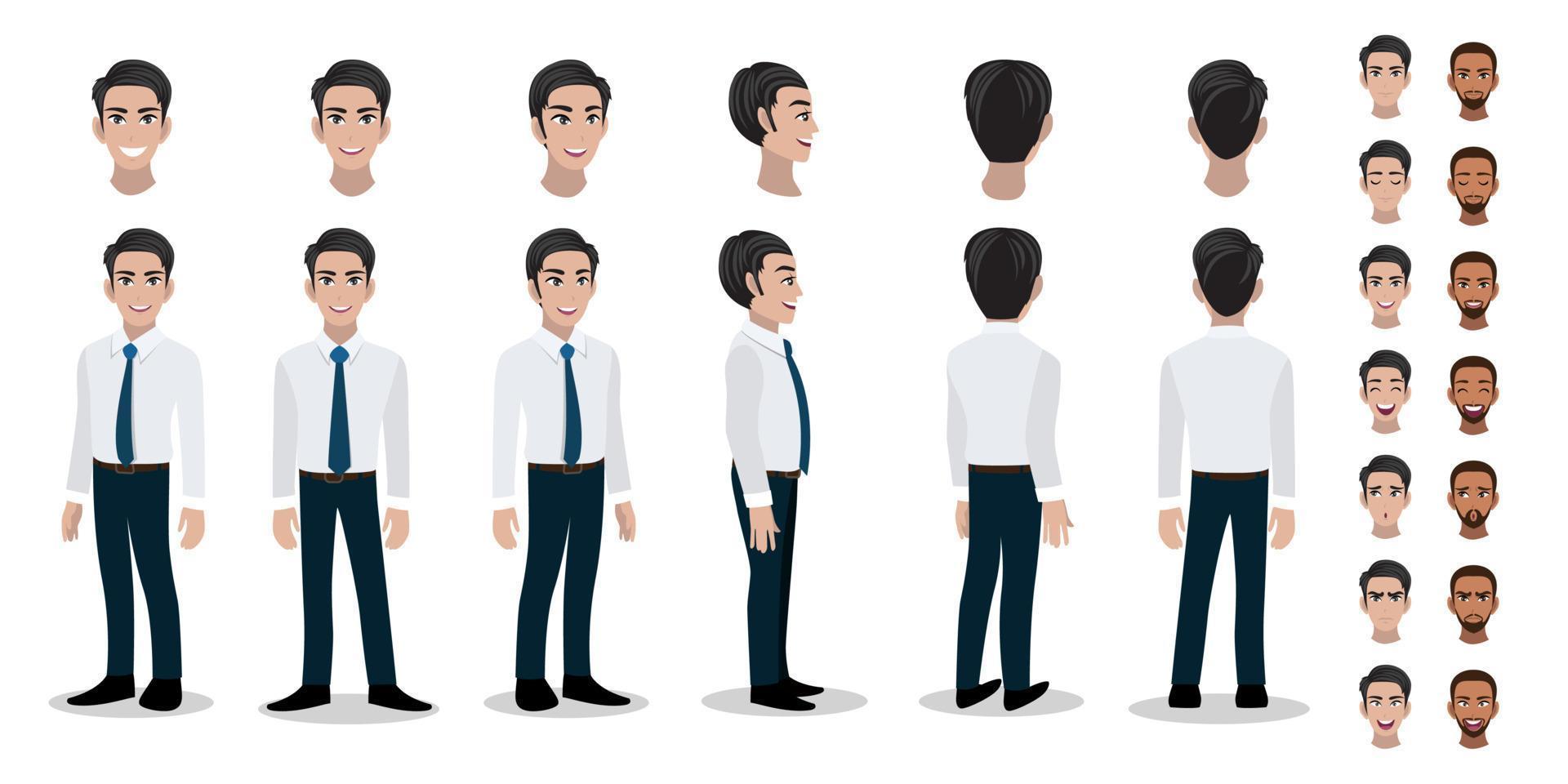 jeu de tête de personnage de dessin animé d'homme d'affaires et animation. avant, côté, arrière, 3-4 caractères de vue. vecteur de conception icône plate