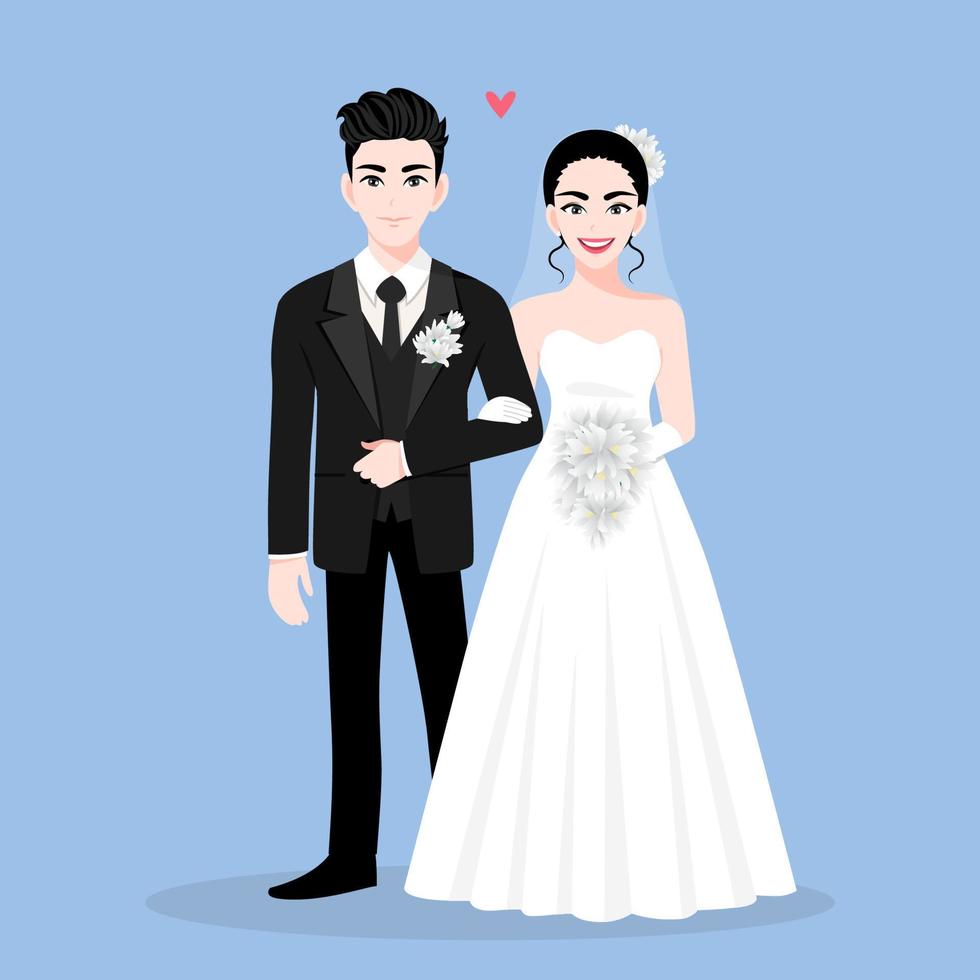 couple d'amoureux le jour du mariage sur fond bleu. personnage de dessin animé de la saint-valentin et vecteur de dessin abstrait