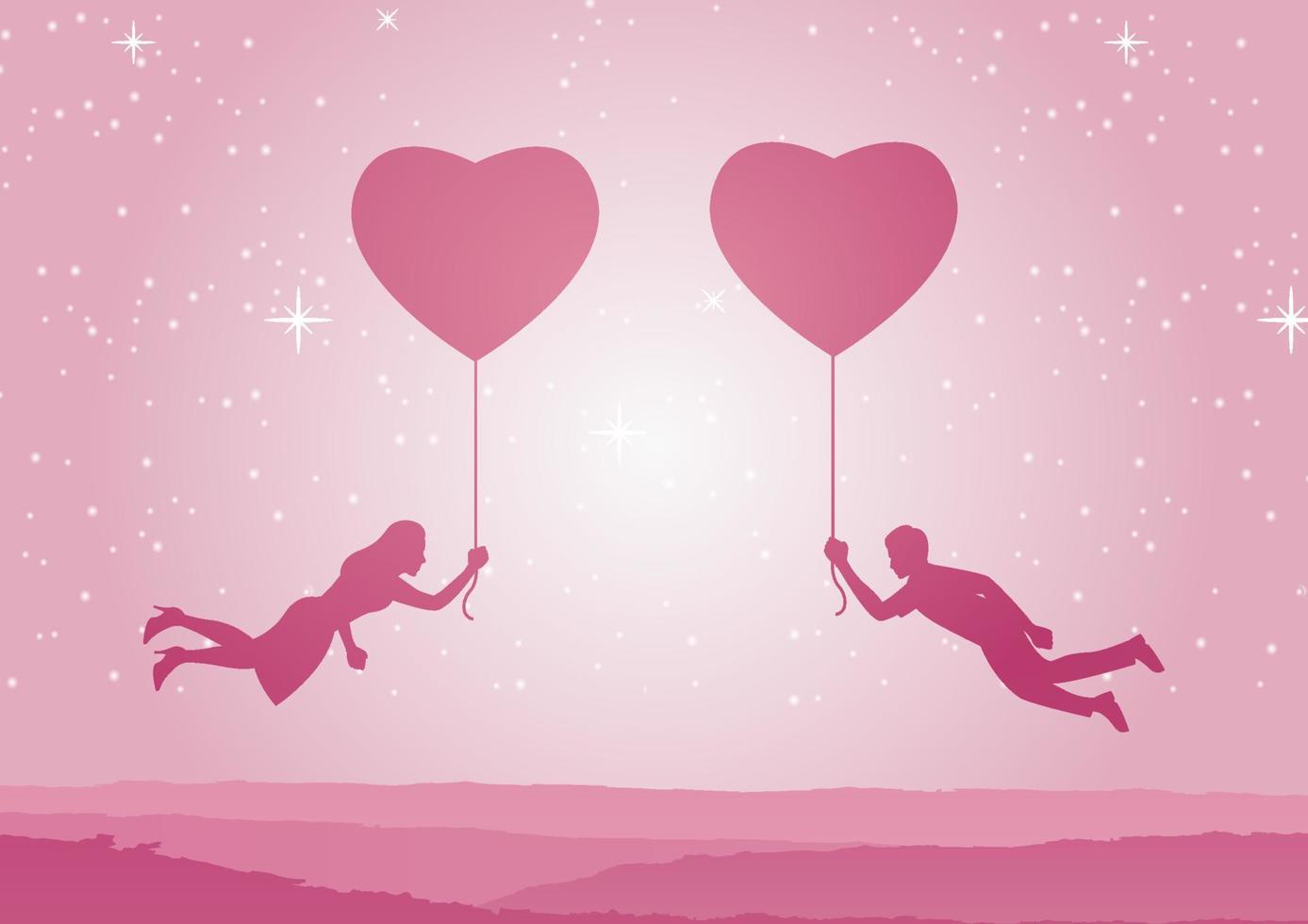 un couple tient un ballon en forme de coeur et vole ensemble, l'art conceptuel signifie que le coeur connecte l'amour vecteur