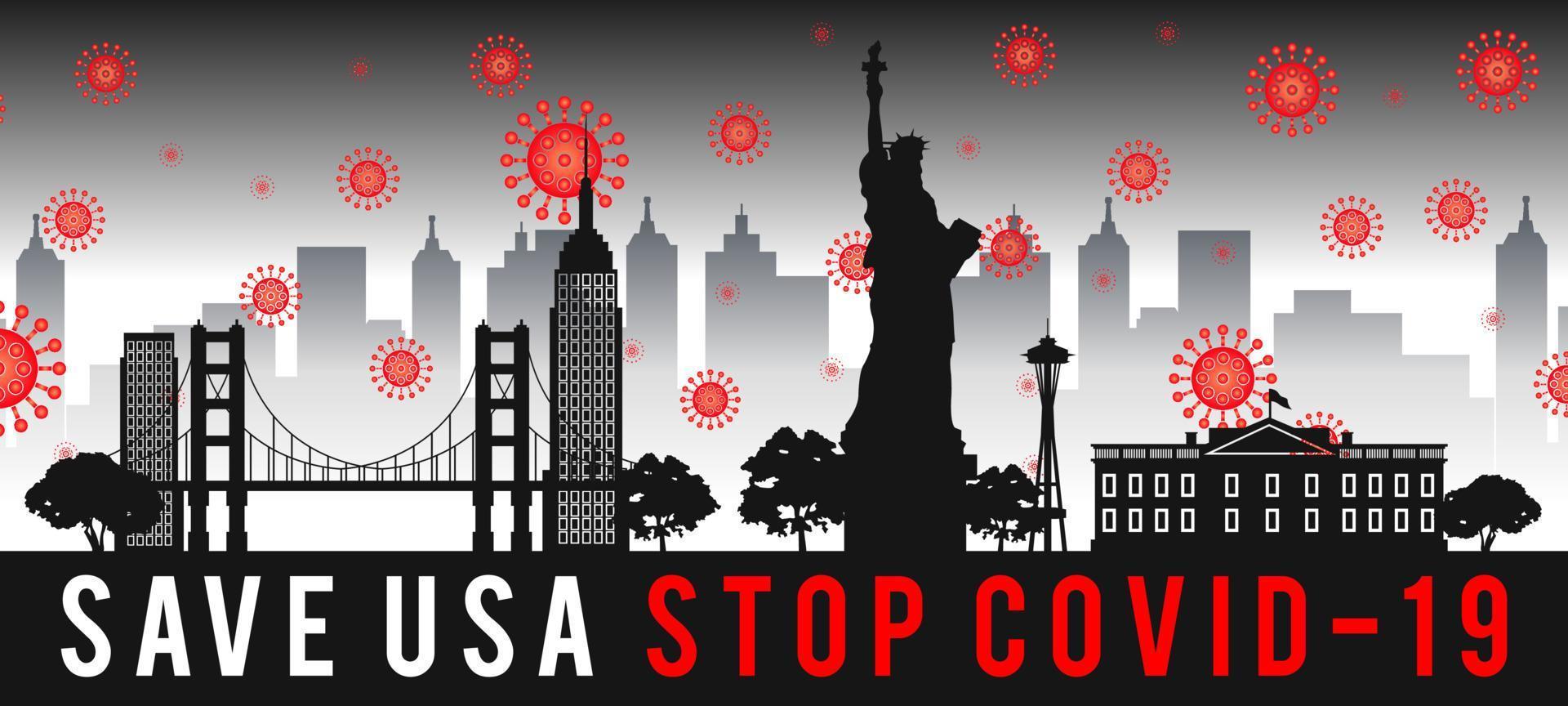 art conceptuel avec coronavirus survoler les monuments des états-unis vecteur