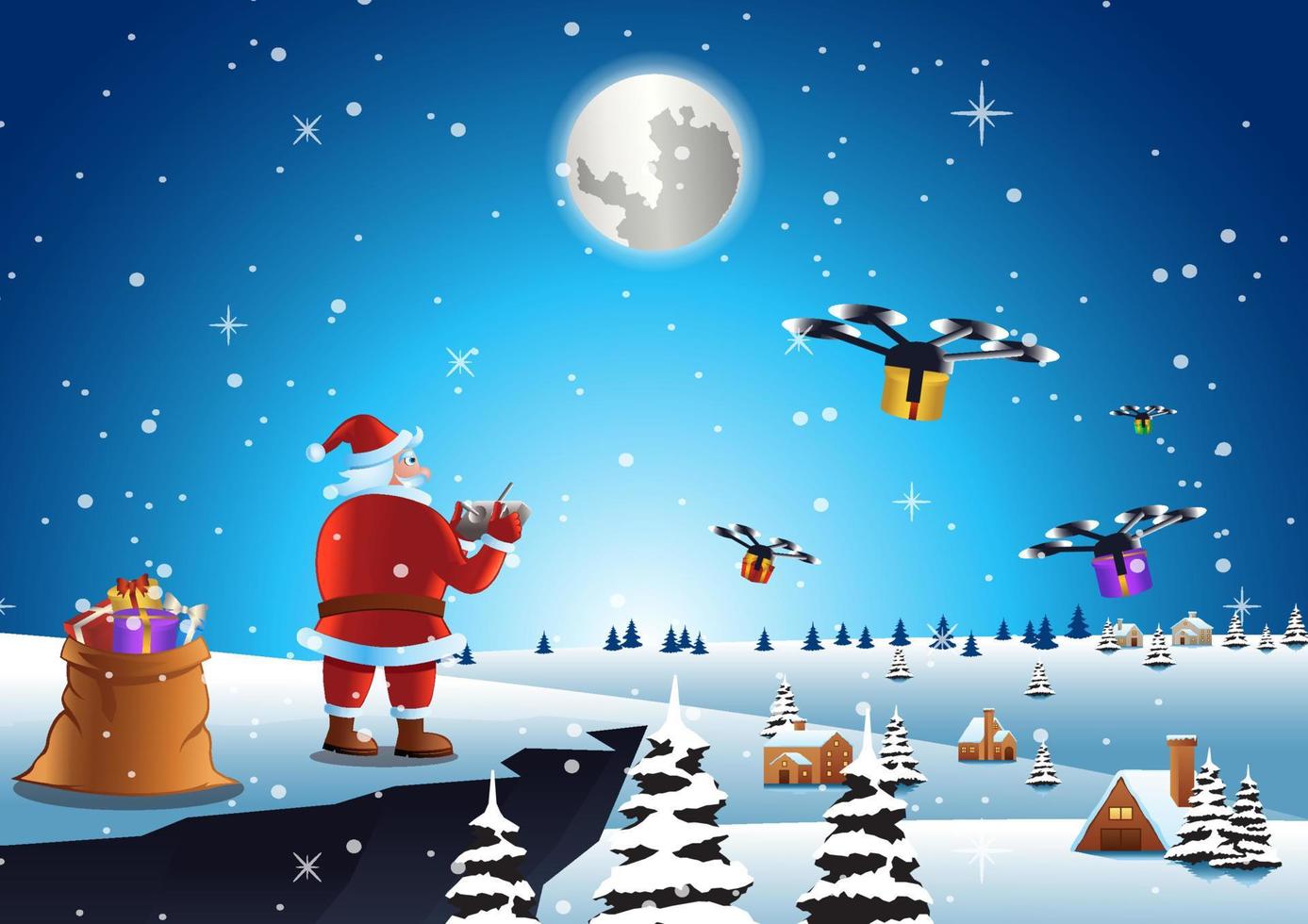 le père noël envoie un cadeau à tout le monde par drone sur la scène du village vecteur