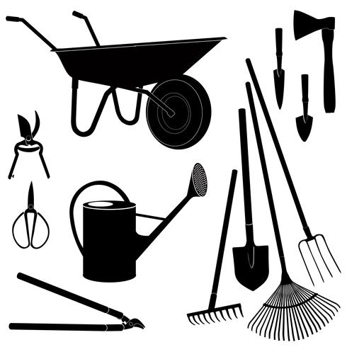 Outils de jardinage isolés. Ensemble de silhouette de matériel de jardin. vecteur