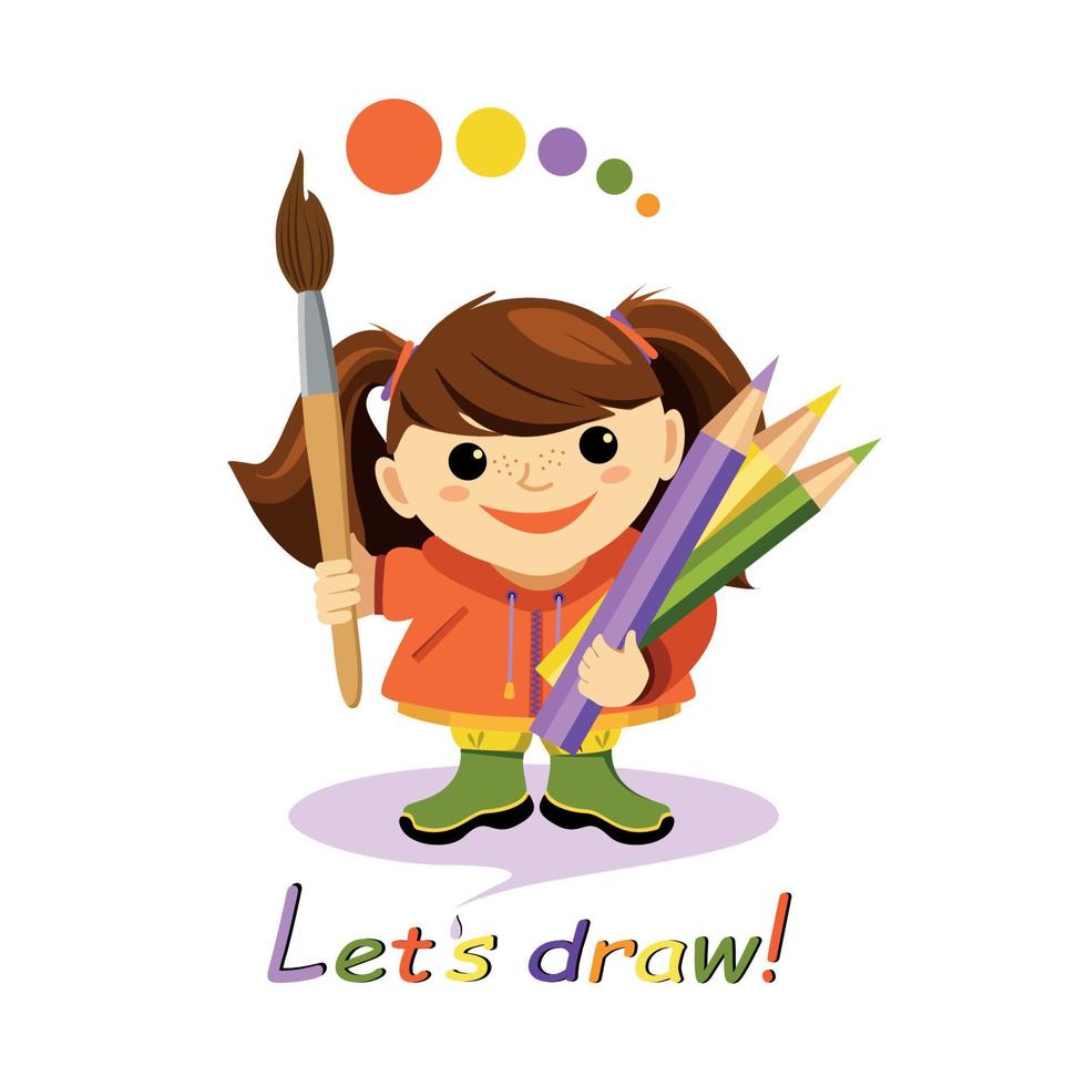 illustration d'une petite fille avec des crayons et un pinceau. vecteur