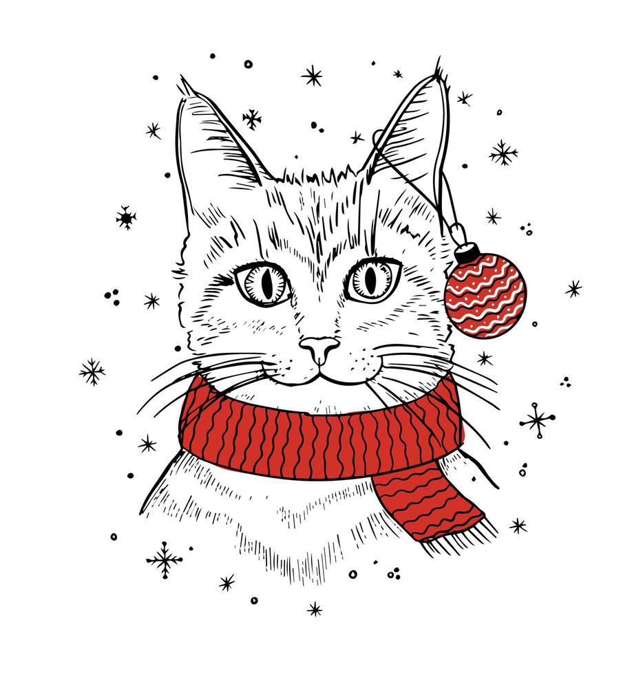 chaton mignon avec boule de noël. chat marrant. l'illustration de noël peut être utilisée pour les cartes de voeux, les livres à colorier, les cahiers et la papeterie. vecteur