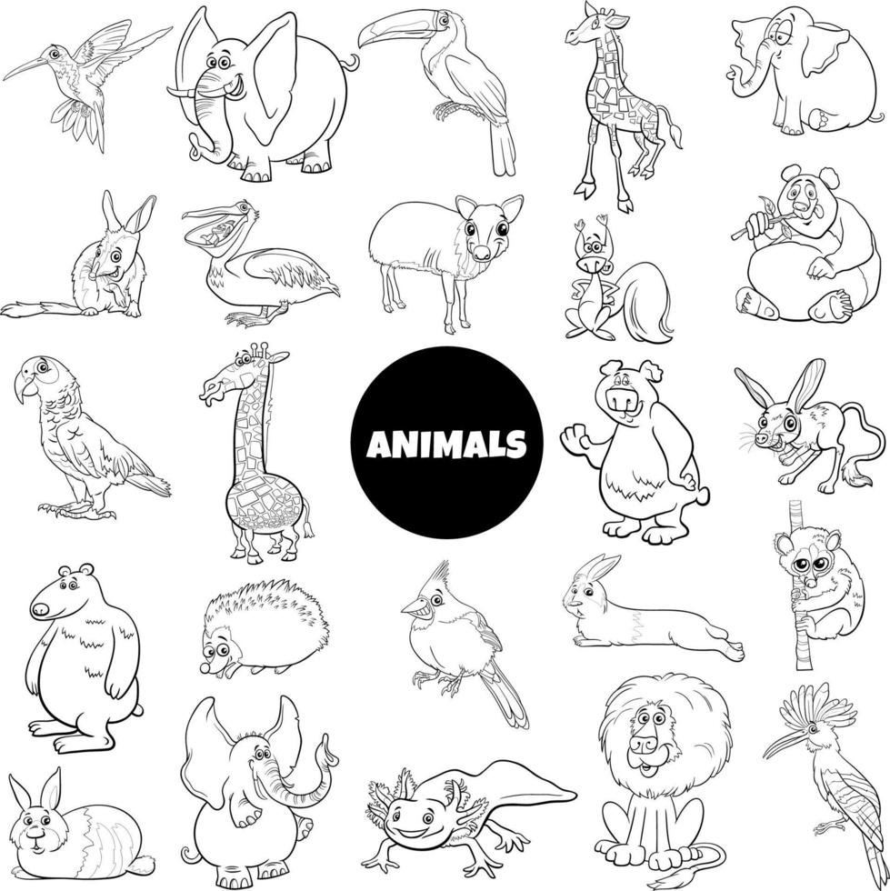 grand ensemble de personnages d'espèces d'animaux sauvages de dessin animé en noir et blanc vecteur