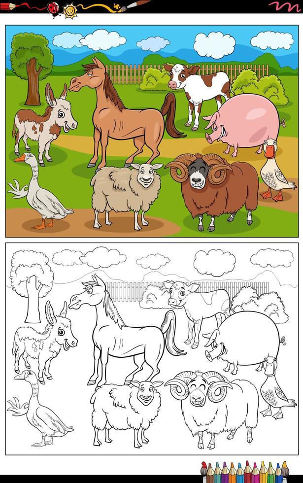 page de livre de coloriage de groupe d'animaux de ferme de dessin animé drôle vecteur