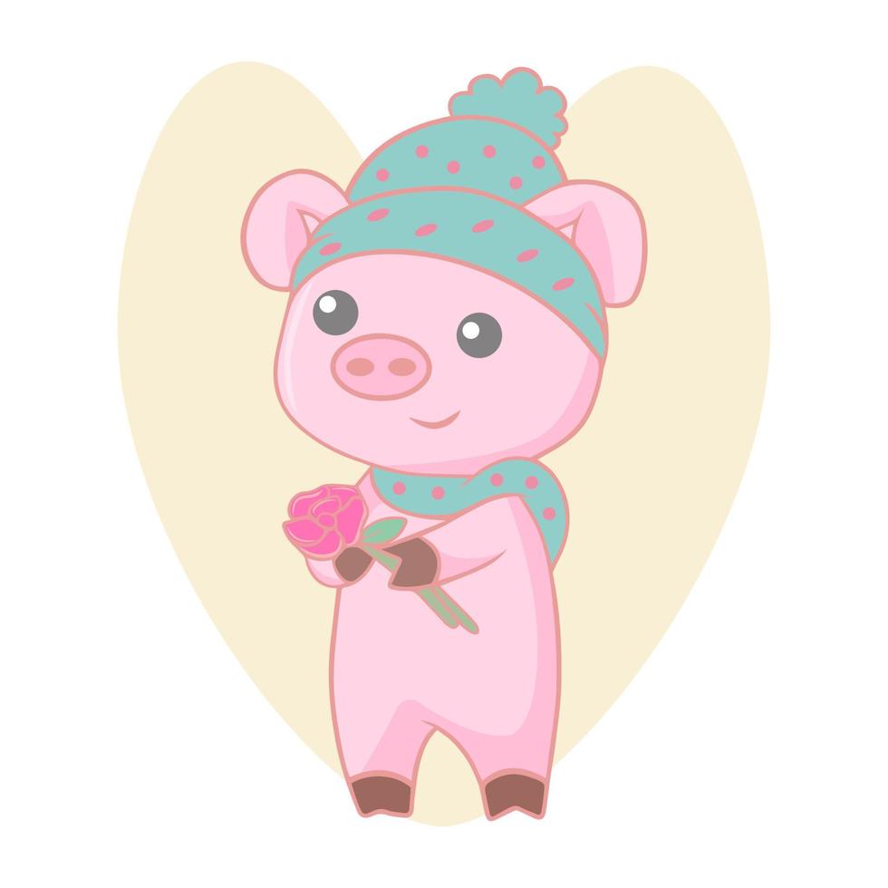 mignon petit cochon en chapeau d'hiver et écharpe avec fleur vecteur