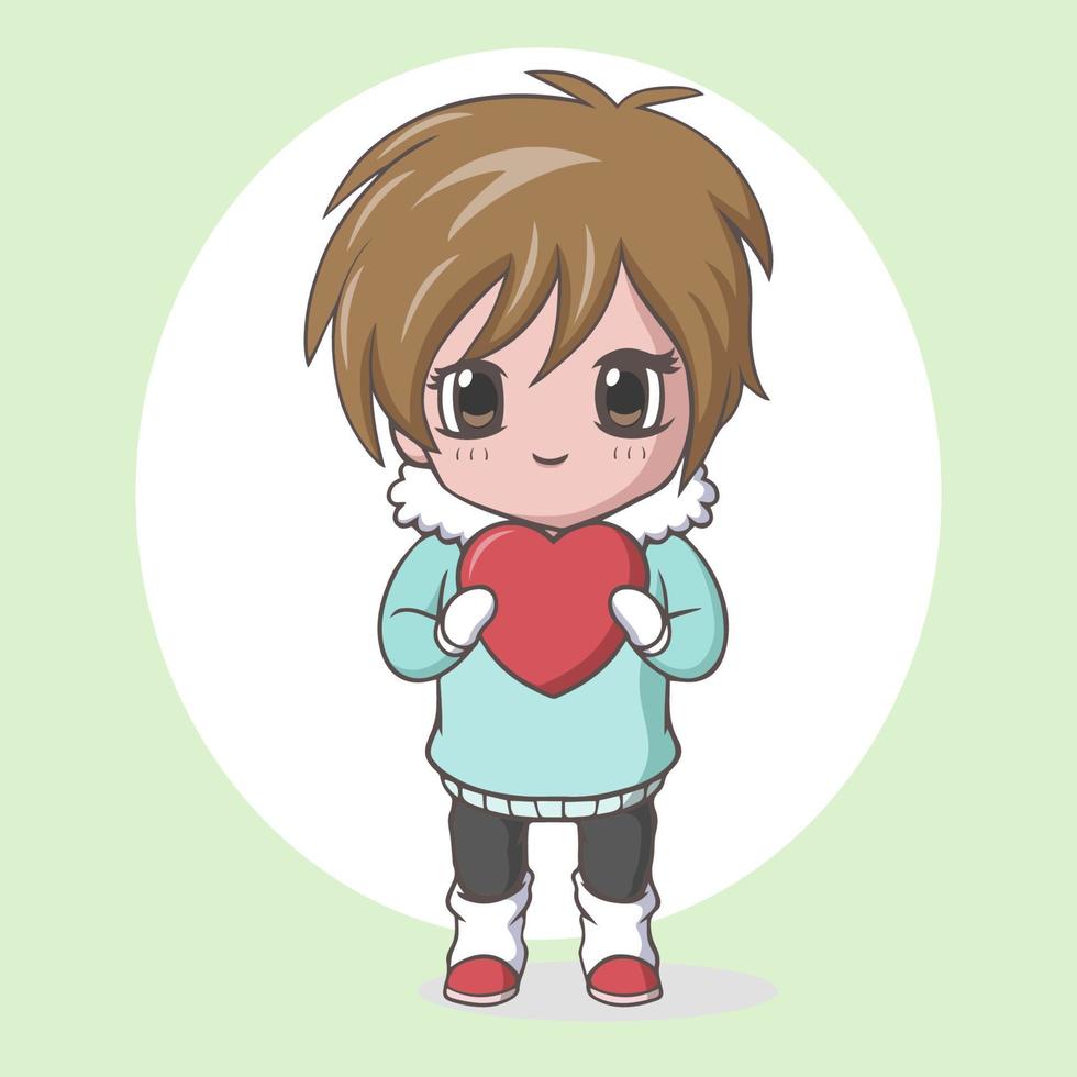 mignon petit garçon kawaii tenant un coeur rouge vecteur