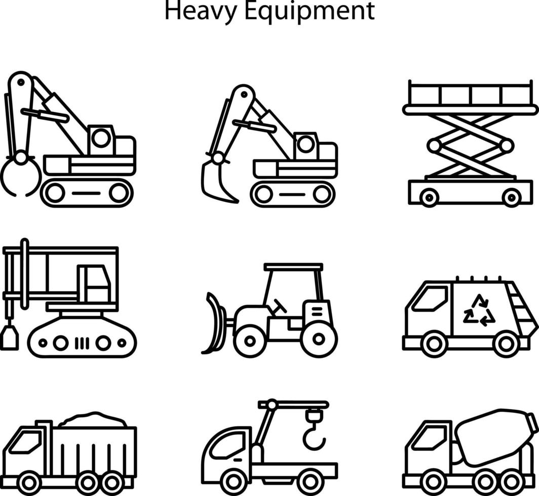 machines de construction. camions d'équipement routier lourd, chariots élévateurs et tracteurs, ensemble d'illustrations vectorielles isolées de camion-grue d'excavation. construction de transport d'équipement, icônes d'équipement lourd vecteur