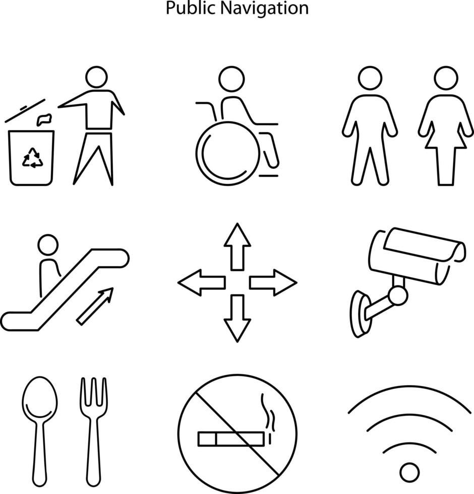 ensemble d'icônes de ligne de panneaux de navigation publique. collection de symboles de style linéaire, pack de signes de contour. graphiques vectoriels. l'ensemble comprend des icônes comme flèche, cctv, wifi, recyclage, ascenseur, personnes, vecteur