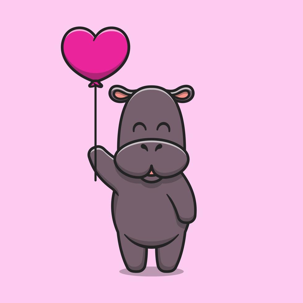 mignon hippopotame tenant amour ballon dessin animé icône illustration vecteur