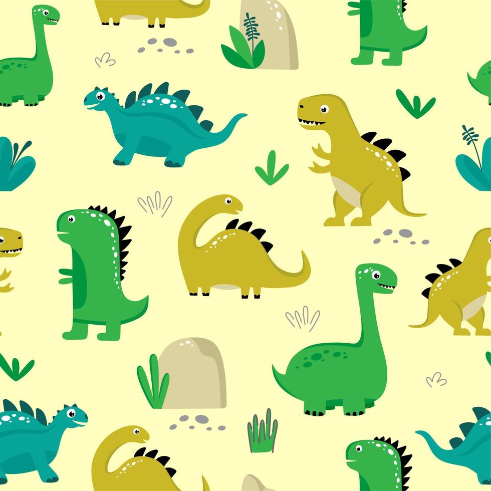 modèle sans couture avec des dinosaures drôles sur fond jaune. utilisation pour les textiles, le papier d'emballage, les affiches, les arrière-plans, la décoration des fêtes d'enfants. illustration vectorielle vecteur