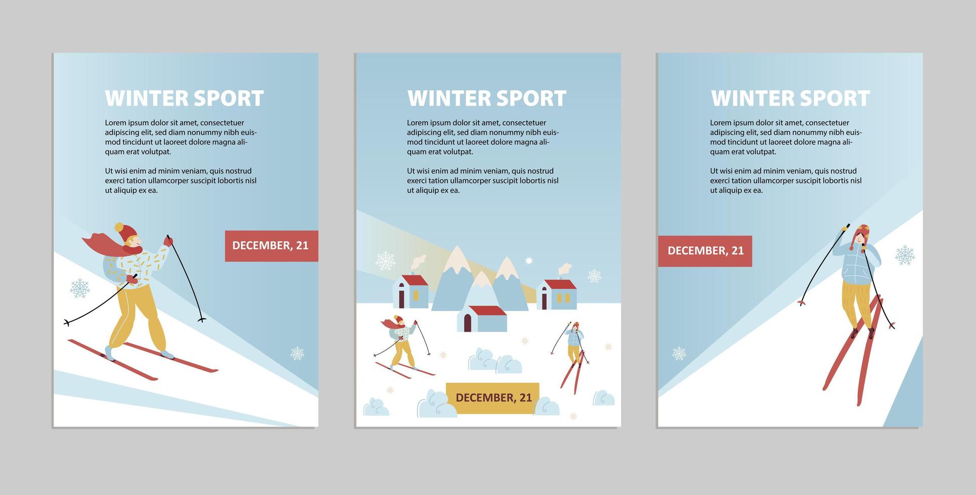 ensemble d'affiches de ski de sports d'hiver. skieur en mouvement et randonnée hivernale. modèle sportif de flyer, magazines, bannières. concept d'invitation de style de vie actif. illustration de dessin animé de vecteur plat