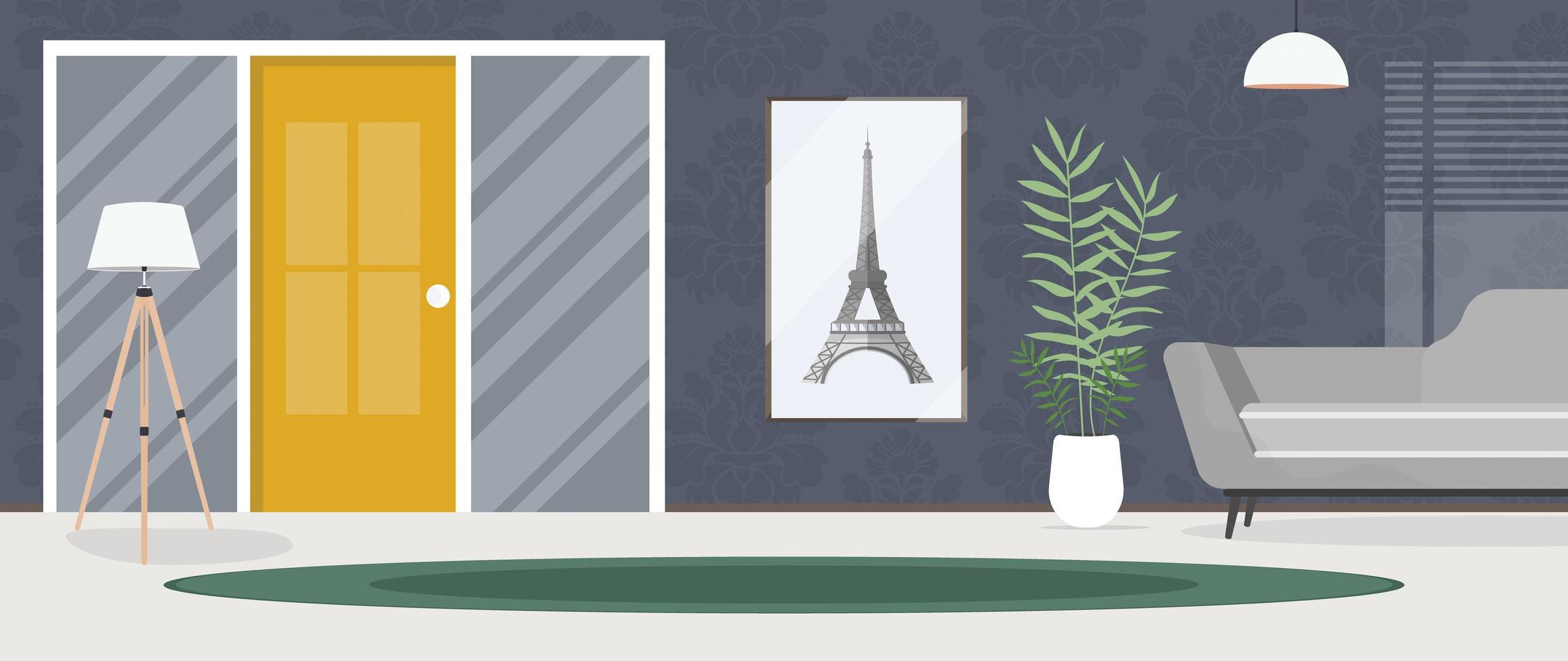 chambre moderne avec canapé, tapis, lampe et plante d'intérieur. style bande dessinée. illustration vectorielle. vecteur