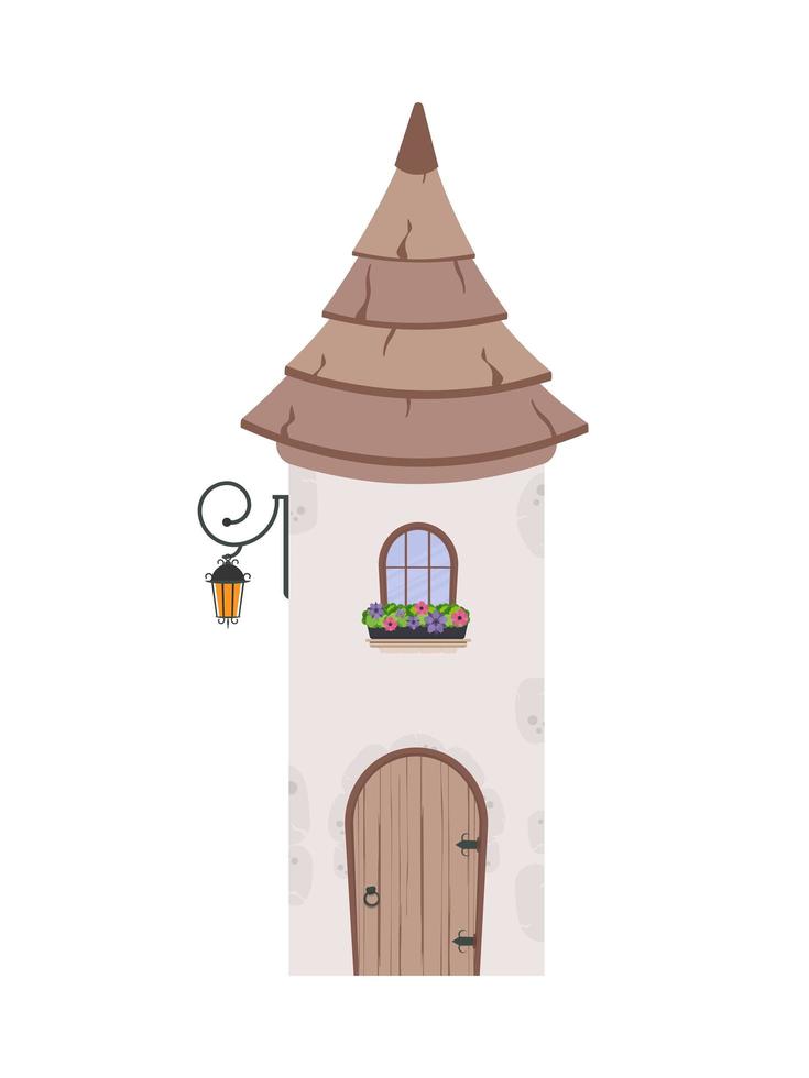 le bâtiment a la forme d'une tour avec un toit conique, une fenêtre et une porte en bois. bâtiment en pierre. style bande dessinée. illustration vectorielle. vecteur