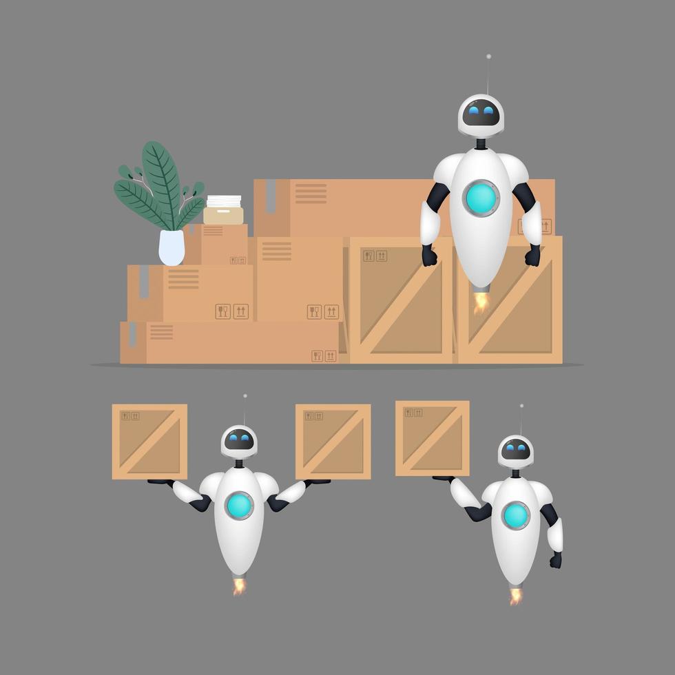 ensemble de robots volants blancs avec des boîtes. concept de livraison et de camionnage. style réaliste. illustration vectorielle. vecteur