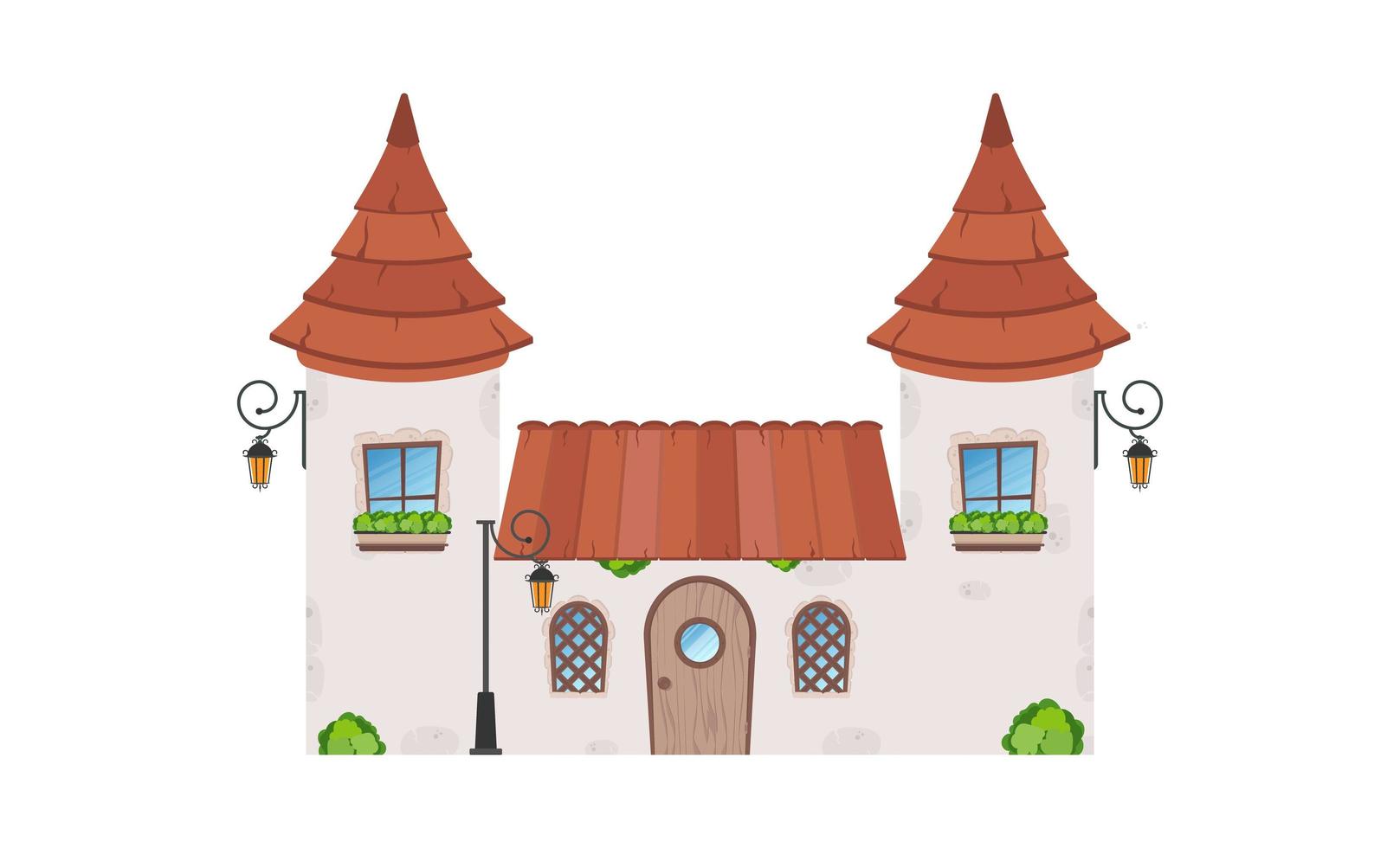 maison avec des tours. bâtiment en pierre avec fenêtres, porte et toit. style bande dessinée. pour la conception de jeux, de cartes postales et de livres. illustration vectorielle isolée. vecteur