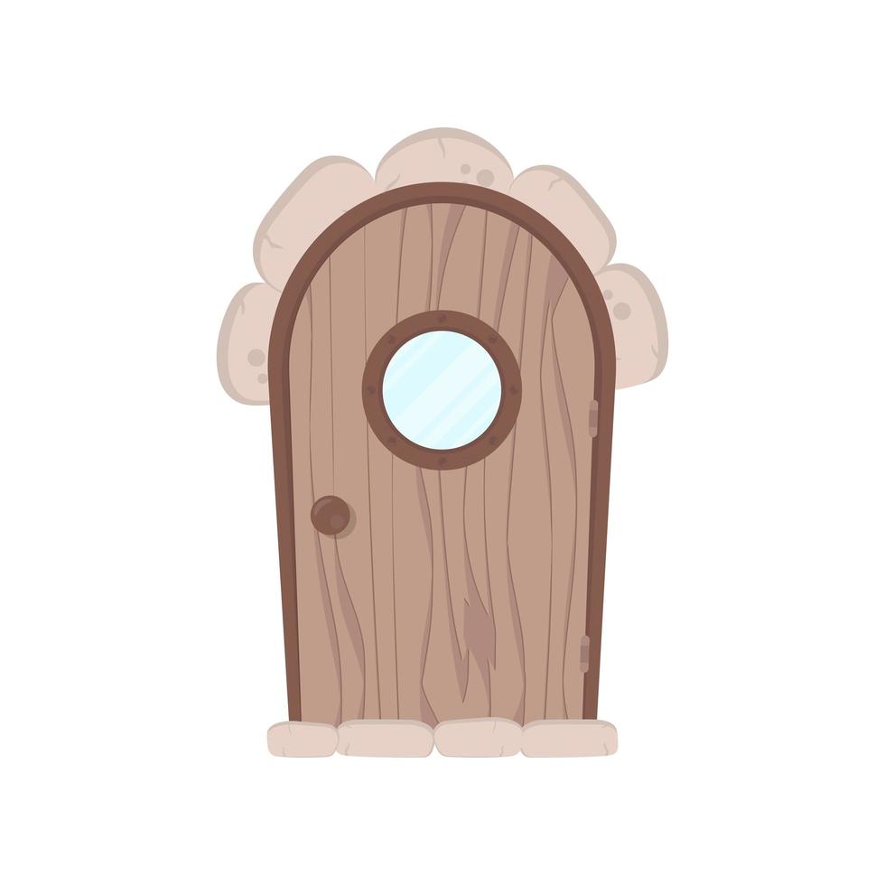 porte en bois antique avec une fenêtre ronde. Revêtement de pierre. Texture du bois. isolé, illustration vectorielle. vecteur