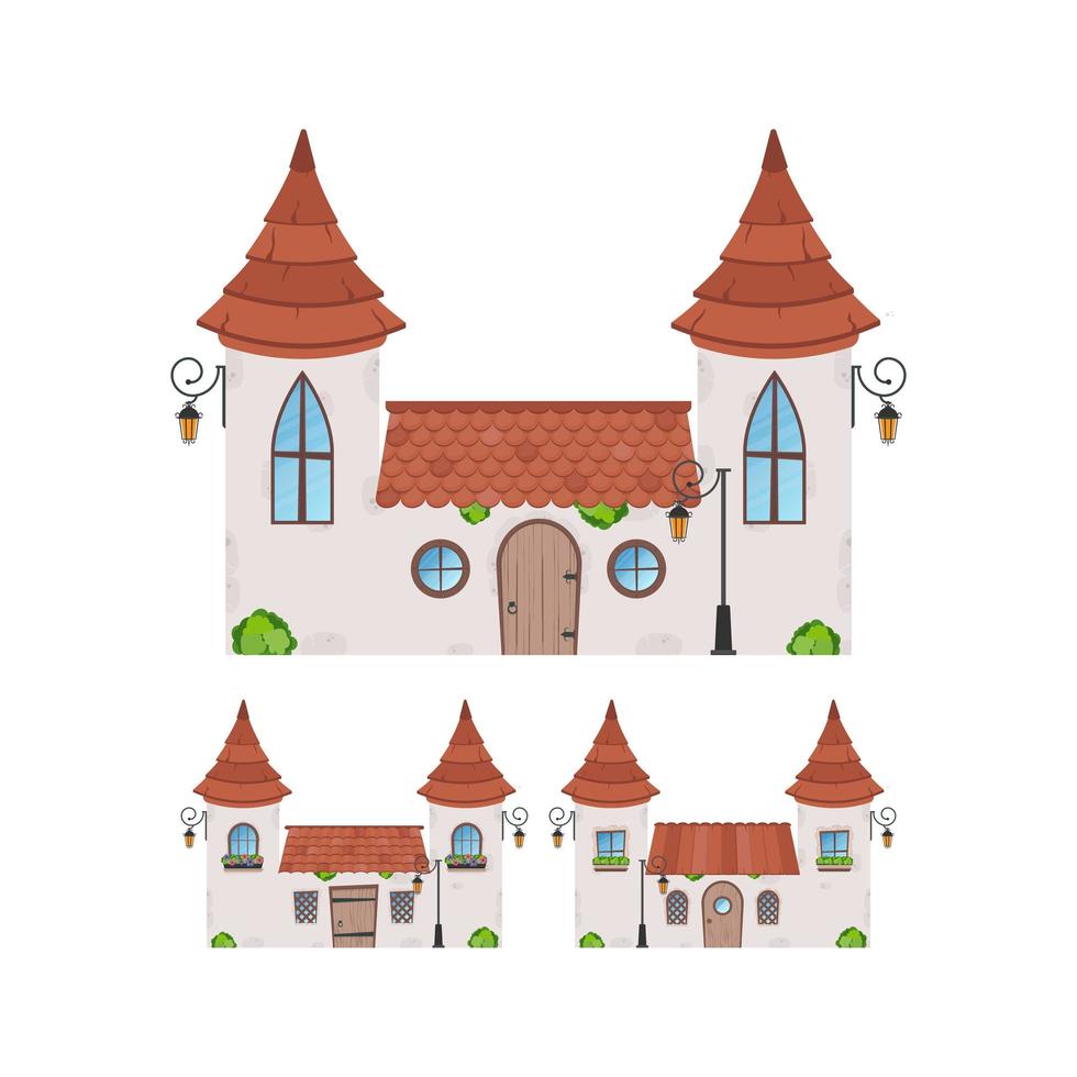 ensemble de petites maisons de fées. bâtiment en pierre avec fenêtres, porte et toit. style bande dessinée. pour la conception de jeux, de cartes postales et de livres. isolé sur fond blanc. illustration vectorielle. vecteur