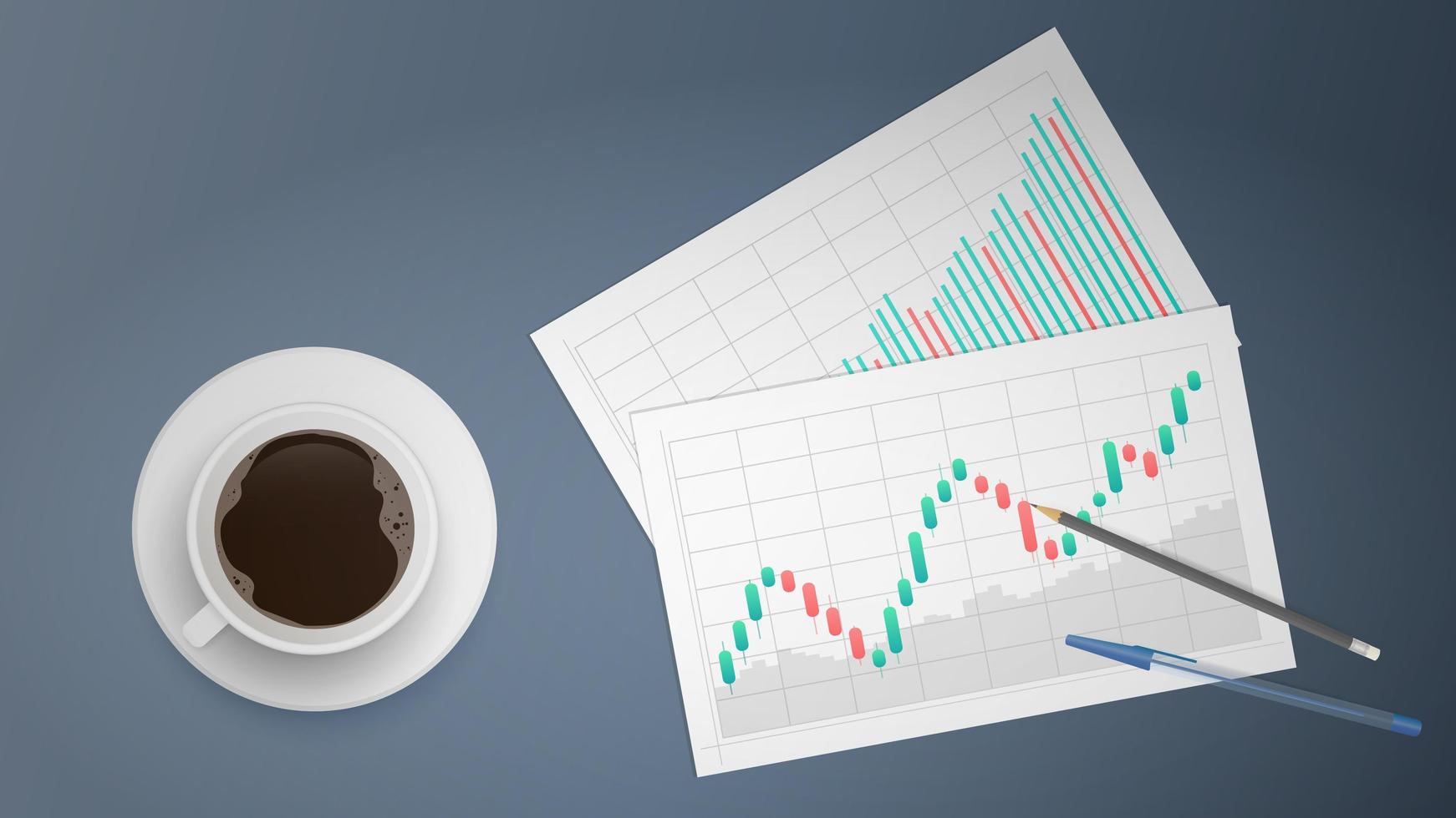 blancs avec des graphiques commerciaux, un graphique linéaire de tendance haussière, un histogramme et des numéros de stock du marché haussier. lieu de travail d'un analyste ou d'un trader. vecteur. vecteur