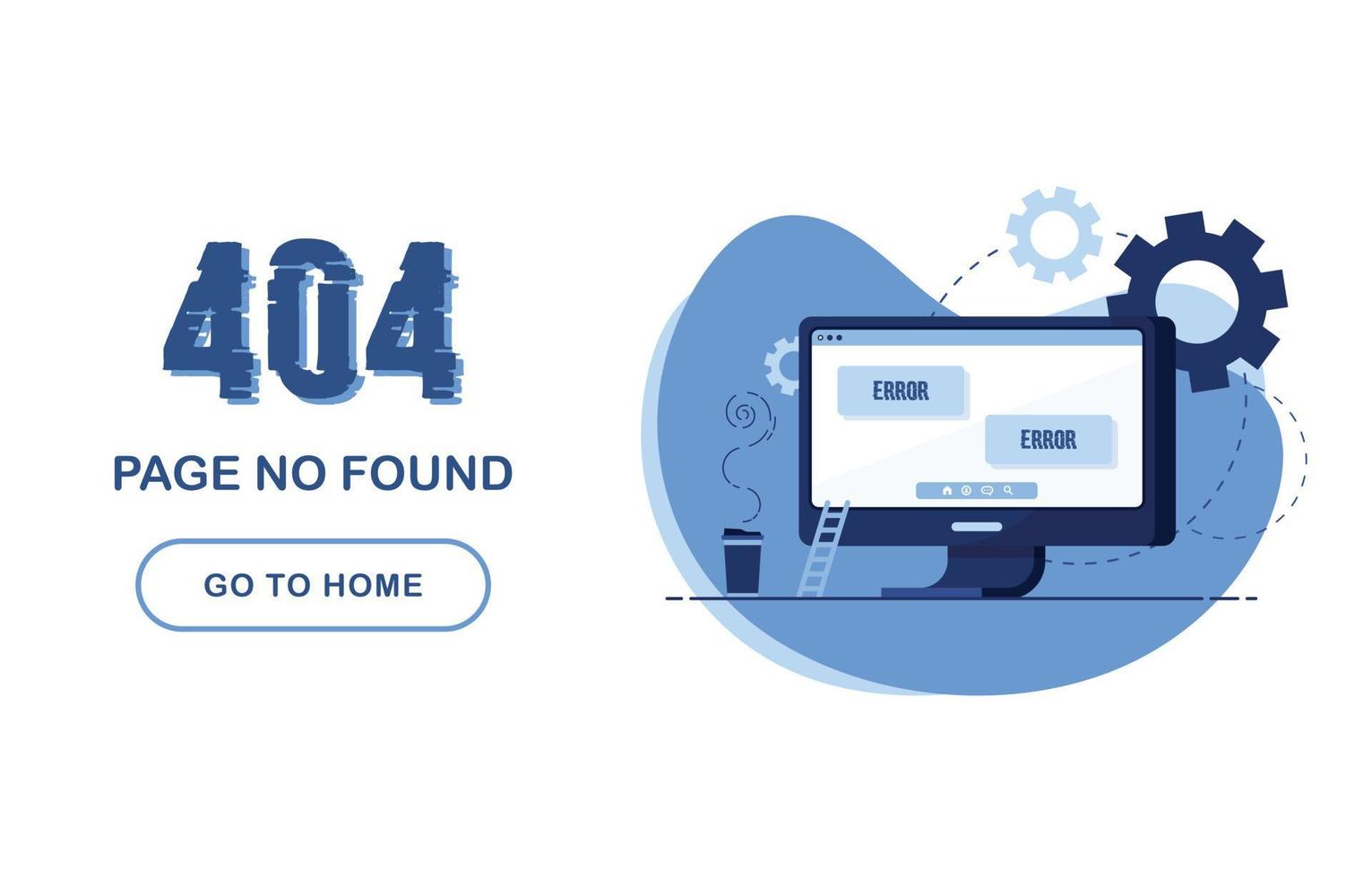 Page d'erreur 404 introuvable. aller à la bannière d'accueil. erreur système, page cassée. intérieur avec ordinateur et bureau. pour le site Web. rapport de problème. Bleu et blanc vecteur