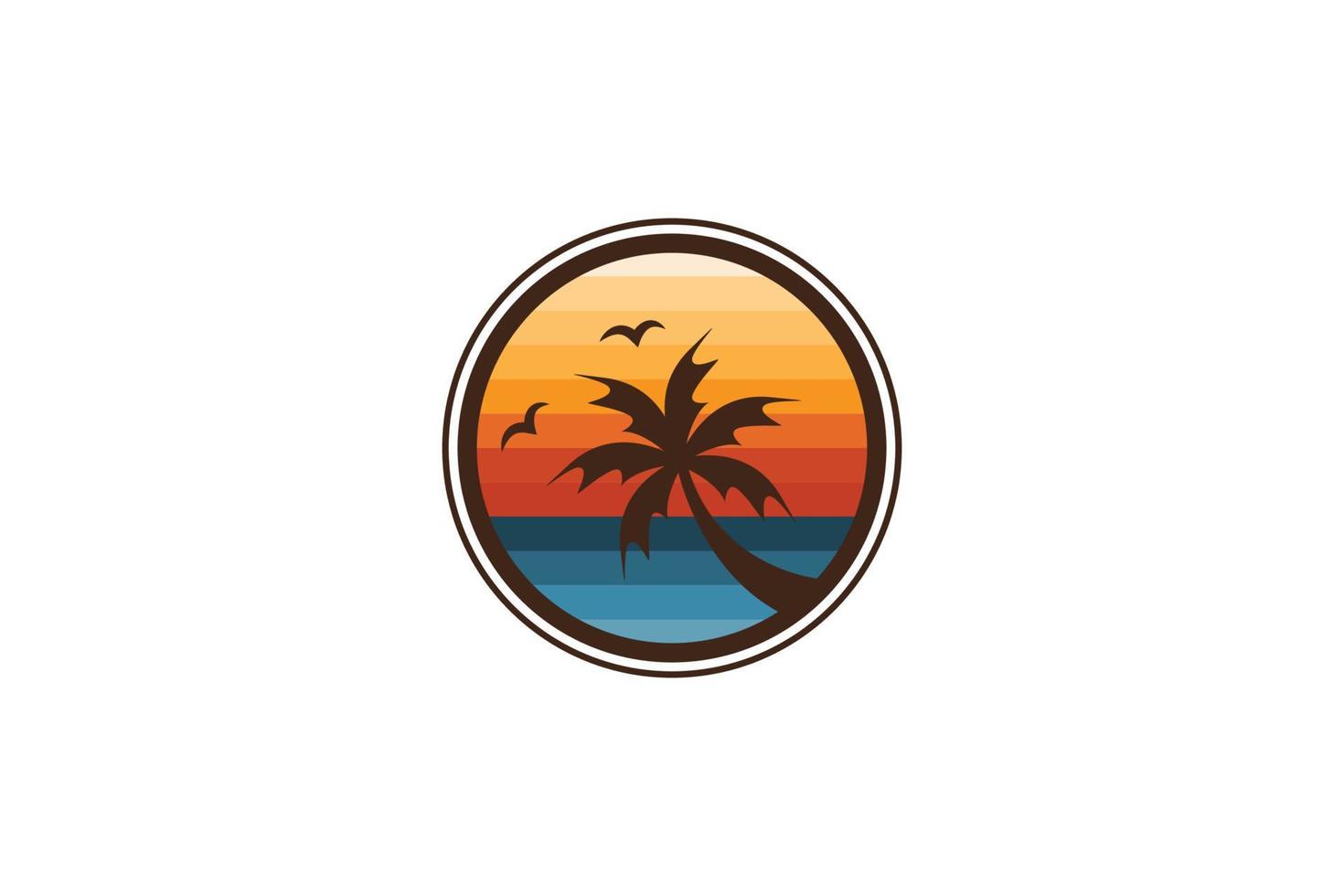 logo d'insigne de plage crépusculaire, avec cocotier silhouette, coucher de soleil, palmier tropical, belle nature de paysage, conception vectorielle vecteur