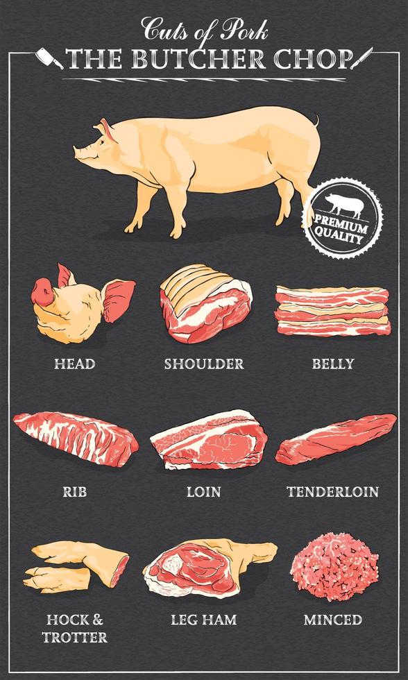 coupes de porc schéma partie de porc coupe de viande ensemble. diagramme de boucher affiche typographique vintage illustration vectorielle dessinée à la main sur fond noir vecteur