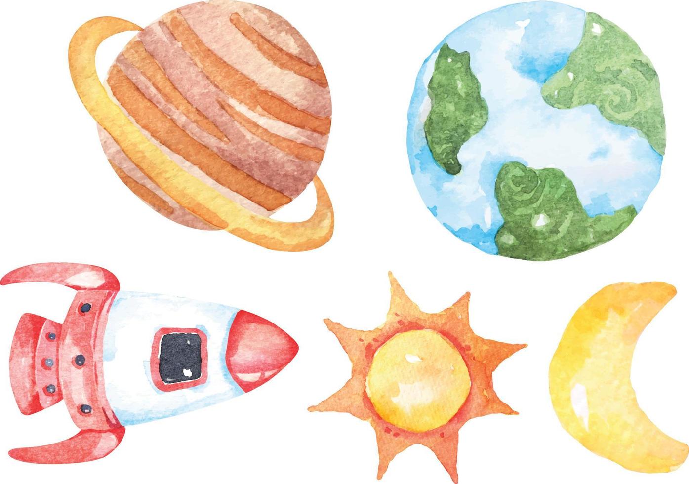 dessin animé avec terre vaisseau spatial planète soleil peint à l'aquarelle 1 vecteur