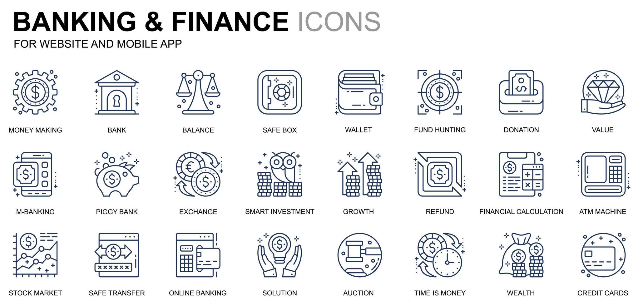 ensemble simple d'icônes de lignes bancaires et financières pour le site Web et les applications mobiles. contient des icônes telles que solde, e-banking, enchères, croissance financière. icône de ligne de couleur conceptuelle. pack de pictogrammes vectoriels. vecteur