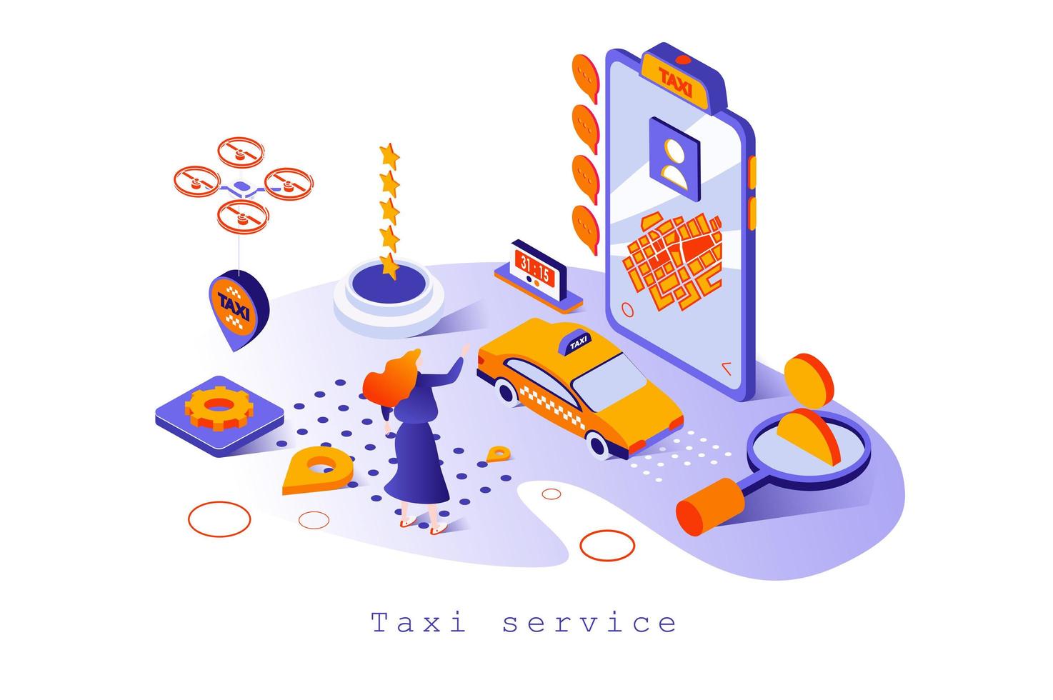 concept de service de taxi en conception isométrique 3d. réservation de taxi en ligne dans l'application mobile, recherche de chauffeur et lieu de trekking, autopartage, modèle web avec scène de personnes. illustration vectorielle pour la page Web vecteur