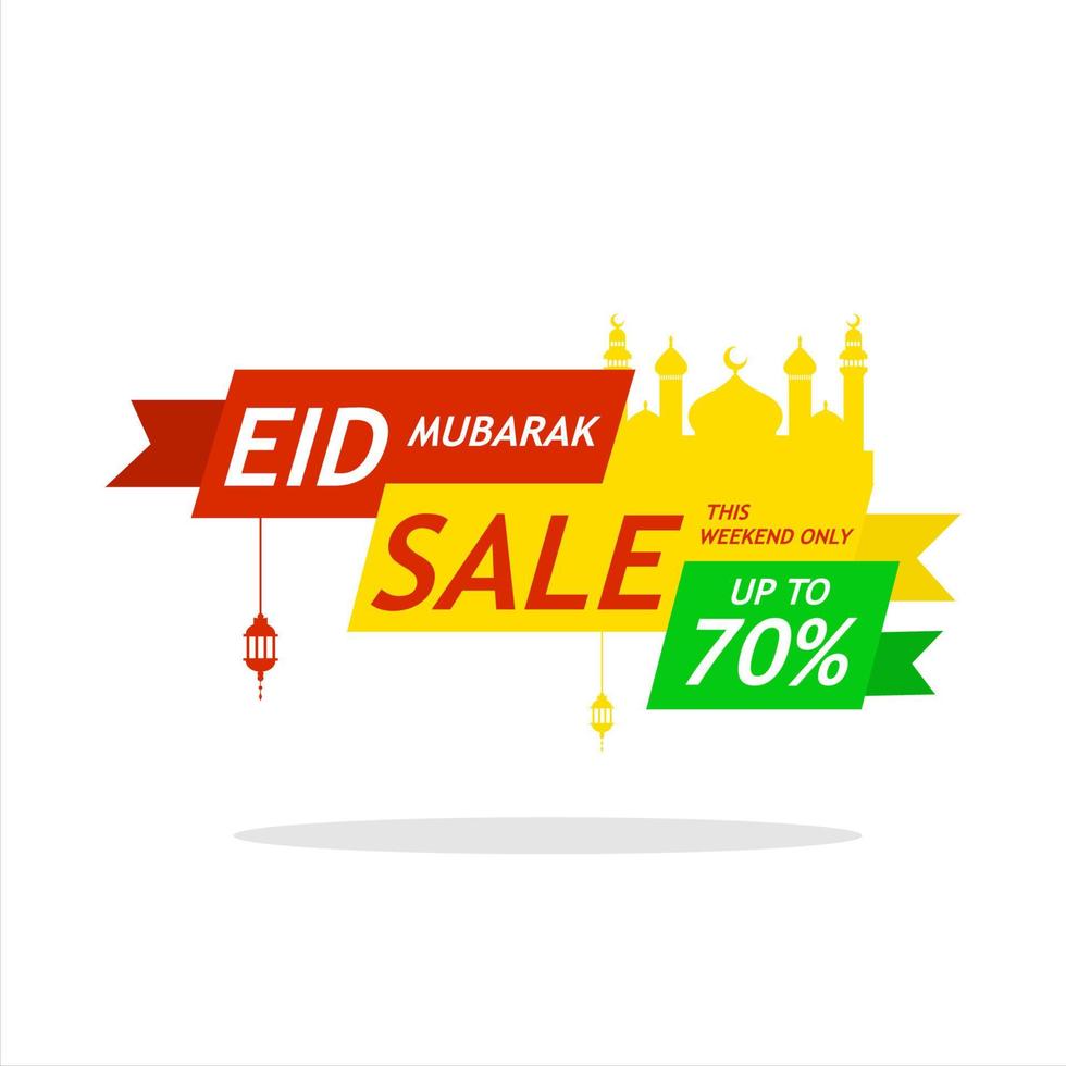 conception de bannière de vente eid mubarak, avec mosquée et offre jusqu'à 70% de réduction. vecteur