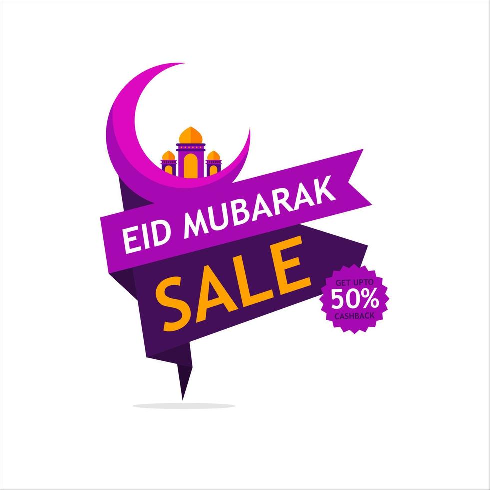 eid mubarak, conception de bannière de vente avec croissant de lune, mosquée et offre plate de 50% sur l'offre. vecteur