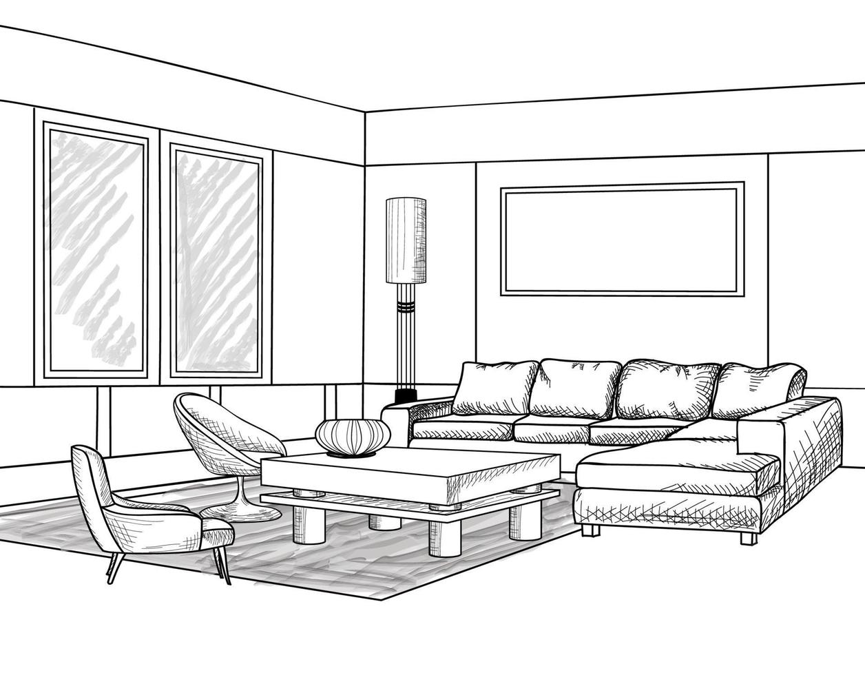intérieur du salon de la maison. croquis de contour de meubles avec canapé, étagères, table. conception de dessin de salon. gravure illustration de dessin à la main vecteur