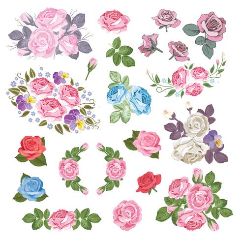 Mega set collection de roses différentes avec des feuilles isolés sur fond blanc. Illustration vectorielle vecteur