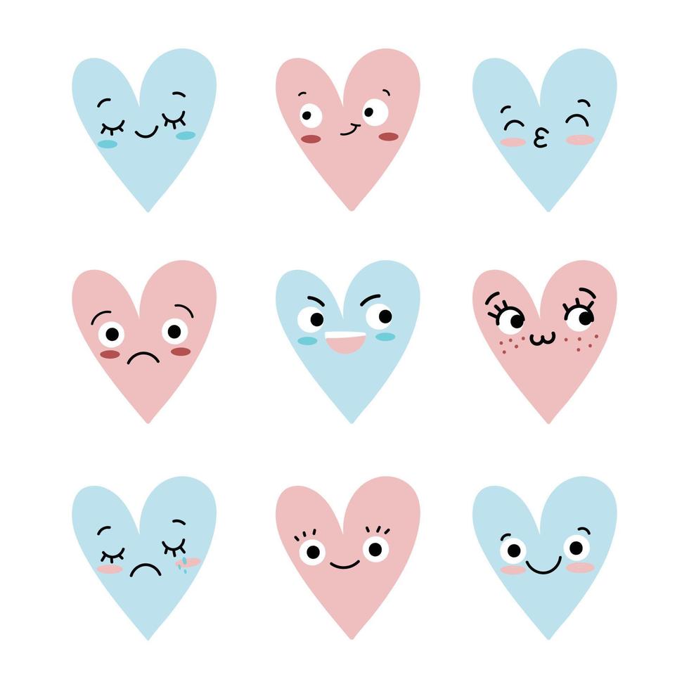 coeurs de dessin animé dans un style doodle dans des couleurs bleues et roses douces. personnages amusants dessinés à la main, parfaits pour les dessins, les autocollants et les cartes postales pour la Saint-Valentin et le mariage. vecteur