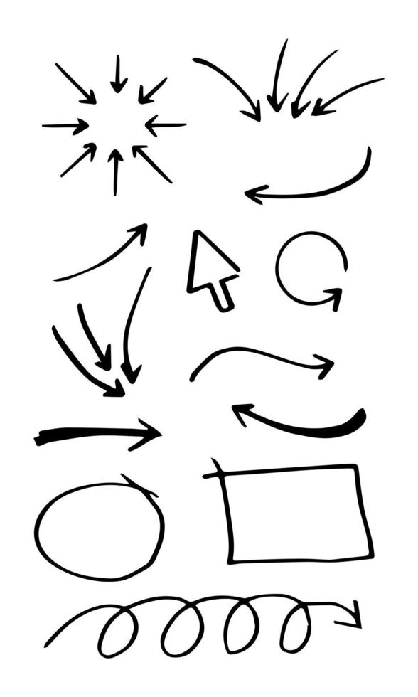 jeu d'icônes de flèche dessinée à la main. illustration vectorielle de griffonnage. vecteur