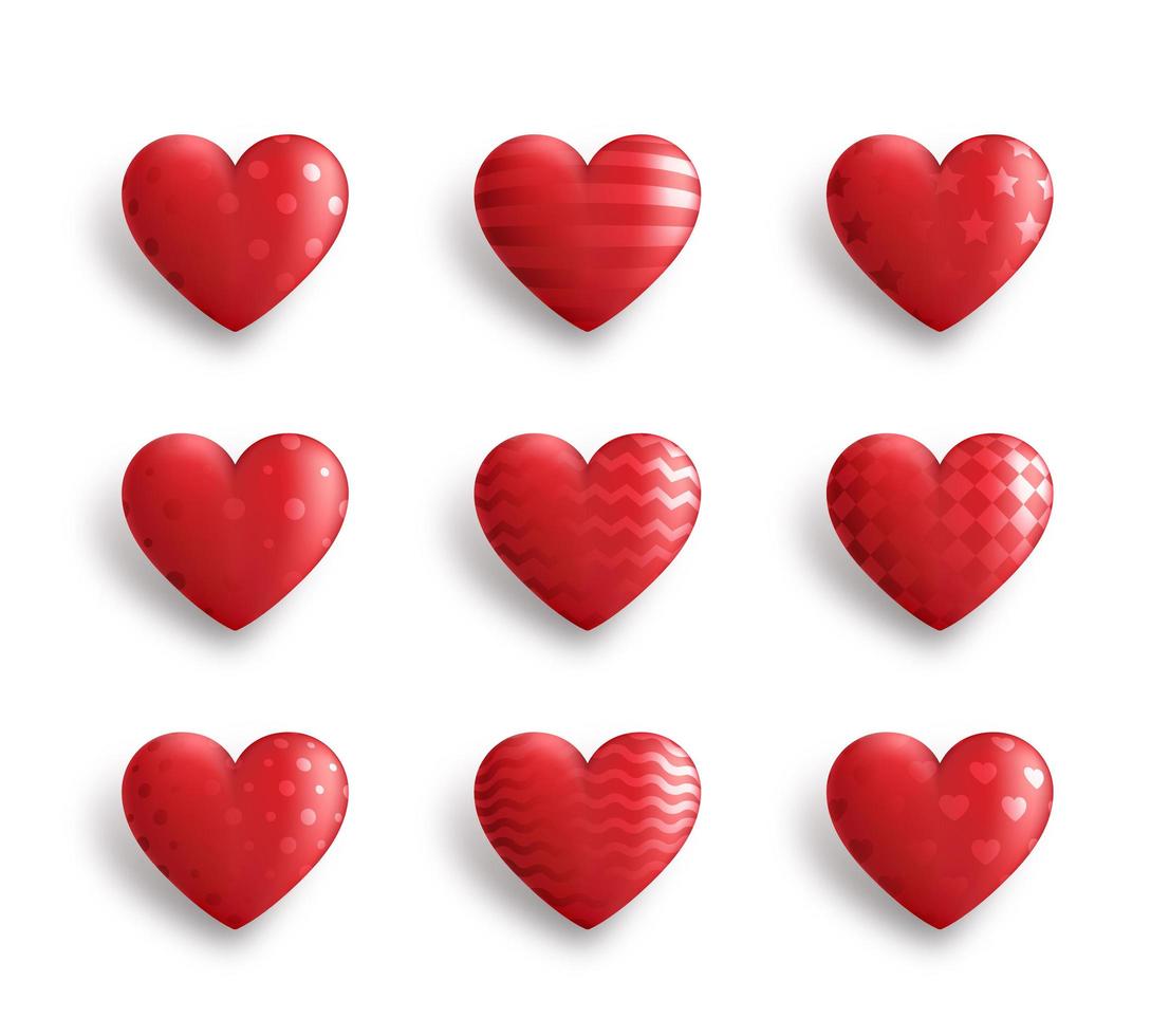 ensemble de coeurs 3d rouges avec différents motifs isolés sur fond blanc. décorations pour la saint valentin. illustration vectorielle vecteur