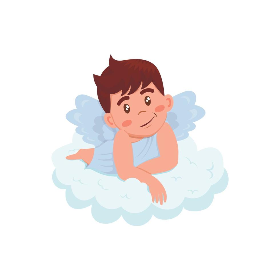 petit garçon mignon ange en style cartoon avec robe bleue et halo doré se trouve sur un cloudv vecteur